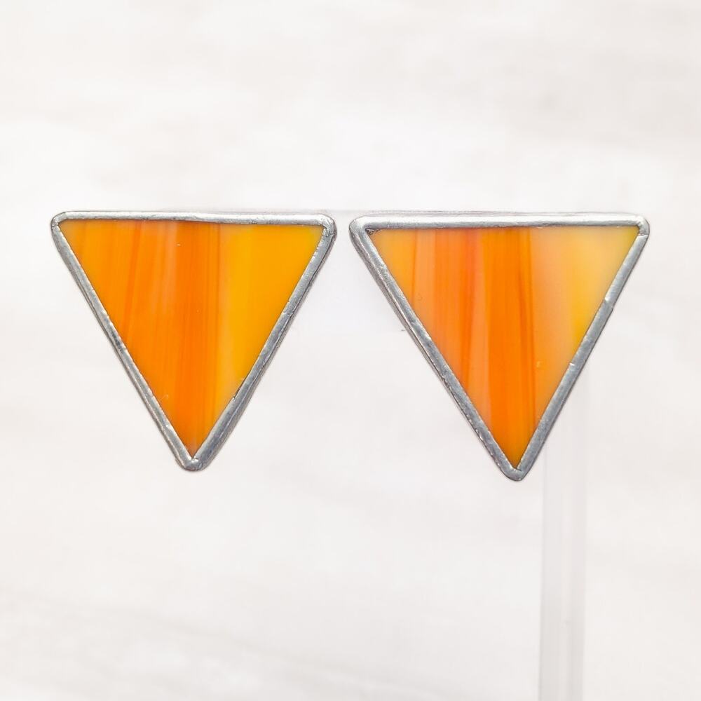 Vintage Clip On Earrings 1 & 3/8" Very Large Retro Triangle Orange & Silver Tone